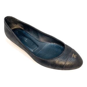 Chanel Interlocking CC Logo Black Cap Toe Ballet Flats EU 37.5 US 6.5-7 Slip on